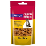 Cat food package labeled 'Fit+Fun Crunchy Pockets' with a cat on the label.