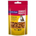 Cat food package labeled 'Fit+Fun Crunchy Pockets' with a cat on the label.