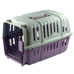 Pet carrier with green top and purple bottom on a white background