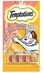 Packaging of Temptations Creamy Purrree cat treats with a cartoon cat on a white background