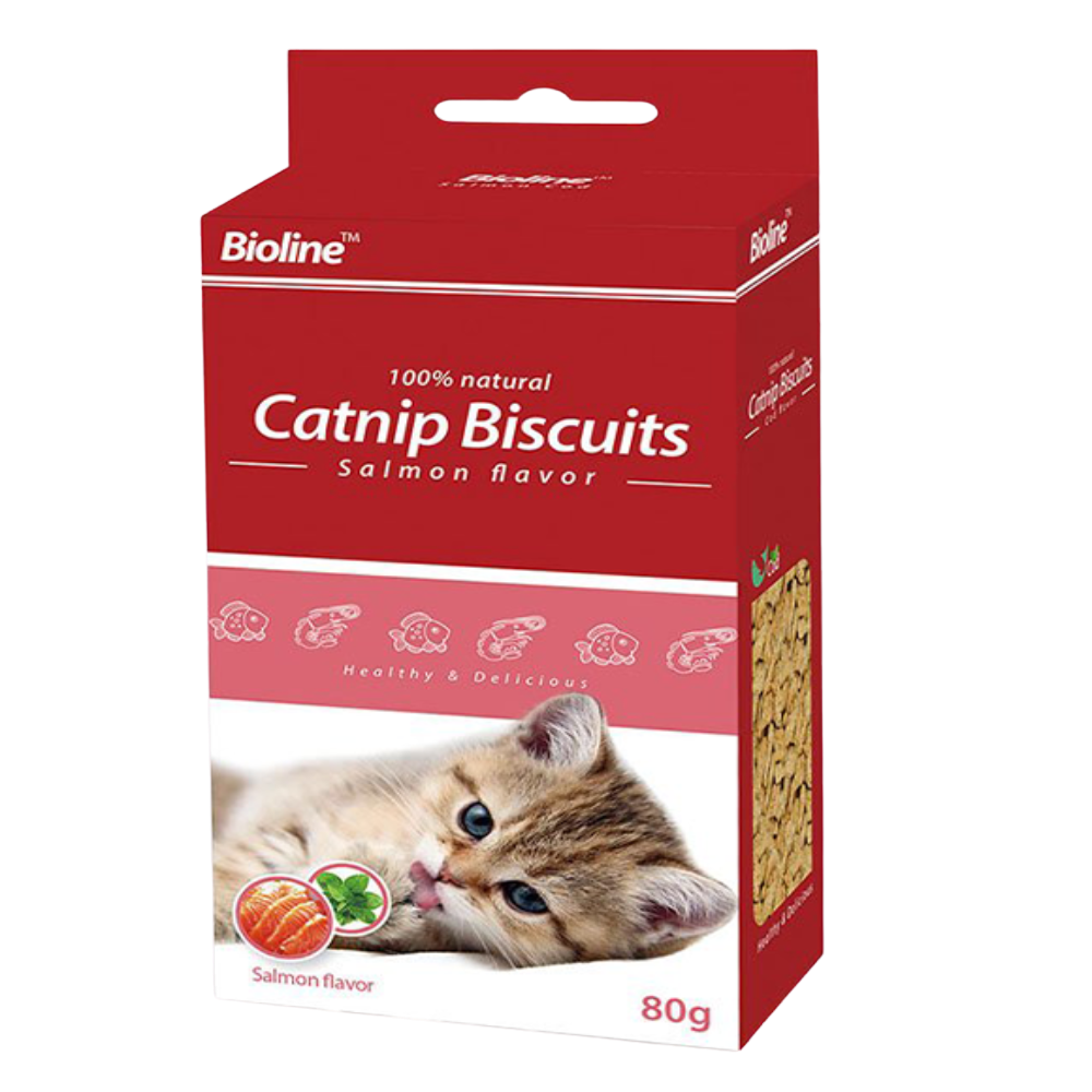 Box of Bioline Catnip Biscuits with a cat on the packaging