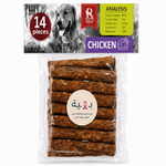 A package of RuffWaf dog treats, featuring 14 pieces of brown chicken-flavored sticks in a clear plastic bag. The packaging includes a header card with a black-and-white photo of a dog, nutritional analysis, and branding.