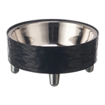 Black-rimmed stainless steel bowl on a white background