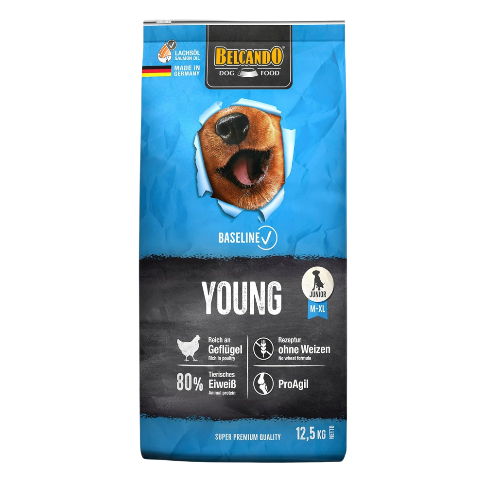 Dog food package with Belcando branding on a white background