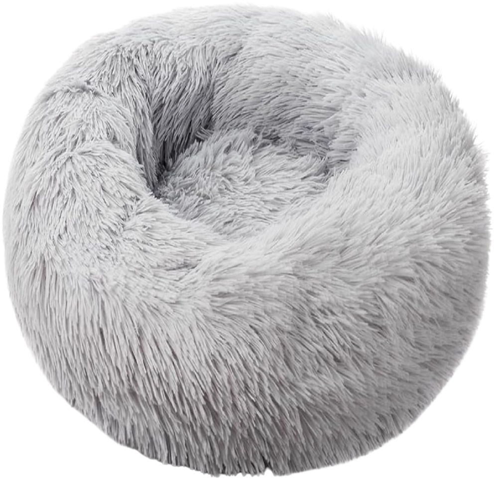 Fluffy gray donut pet bed on a white background