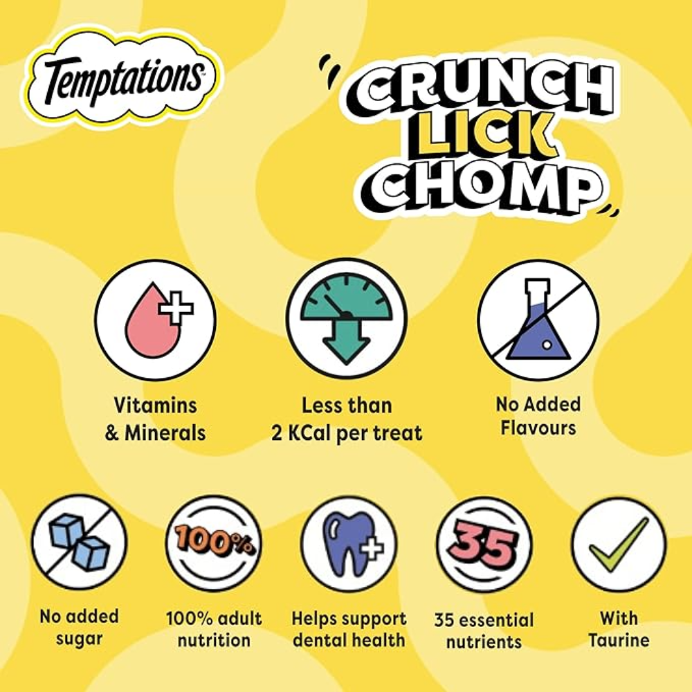 Temptations cat treats packaging with health benefits on a yellow background