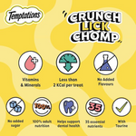 Temptations cat treats packaging with health benefits on a yellow background