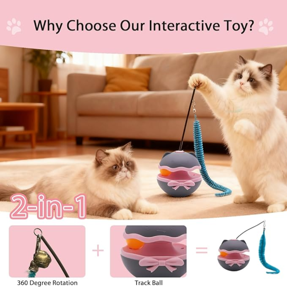 Two cats playing with a 2-in-1 interactive toy in a living room setting.
