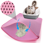 Pink cat litter mat with a cat using a litter box, showing trapped litter and a close-up of the pattern.
