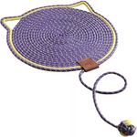 Purple and yellow dog rope toy with a knot on a white background