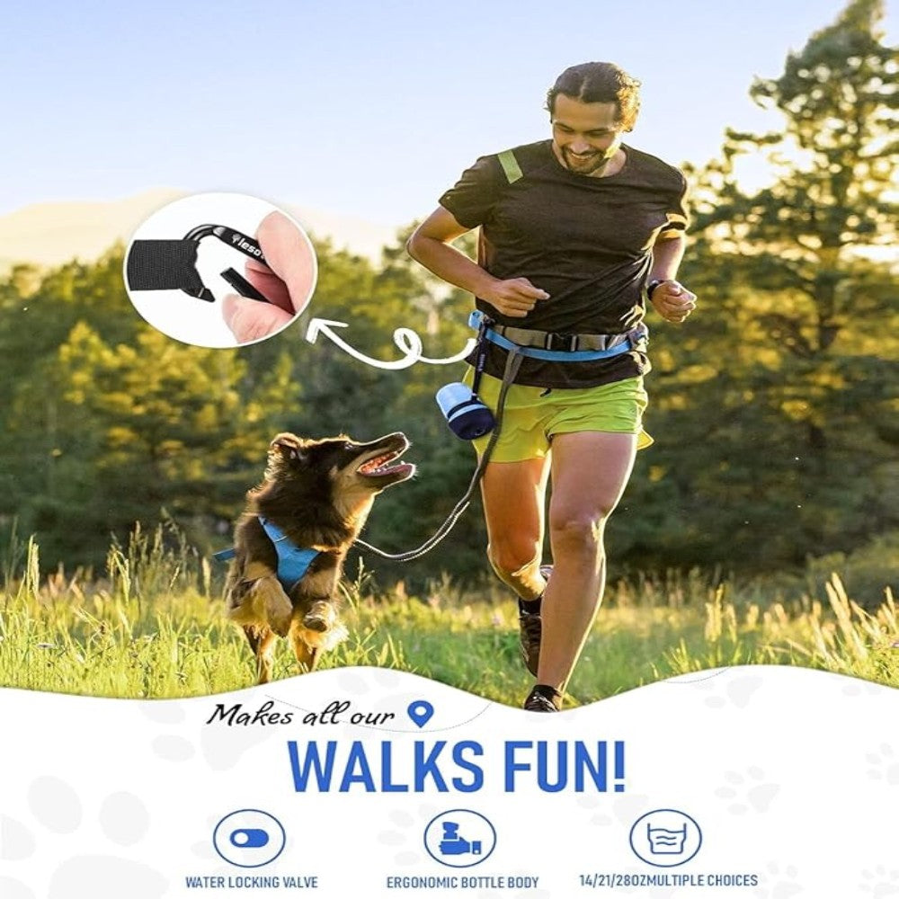 Man running with a dog in a field, promoting a product with text 'Makes all our WALKS FUN!'.