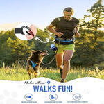 Man running with a dog in a field, promoting a product with text 'Makes all our WALKS FUN!'.