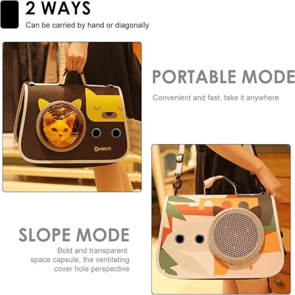 Pet carrier with cat design, shown in portable and slope modes.