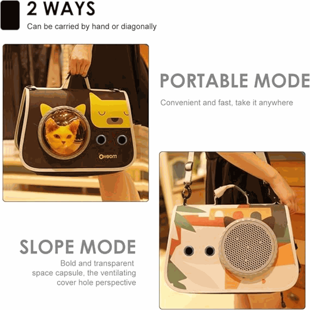 Pet carrier with cat design, shown in portable and slope modes.