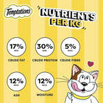 Temptations cat food packaging with nutritional information on a yellow background
