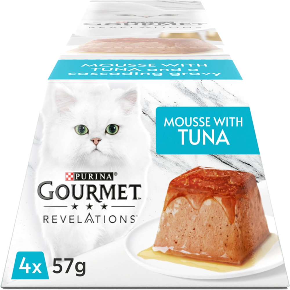 Purina Gourmet Revelations cat food package with tuna mousse on a white background