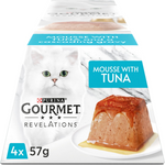 Purina Gourmet Revelations cat food package with tuna mousse on a white background