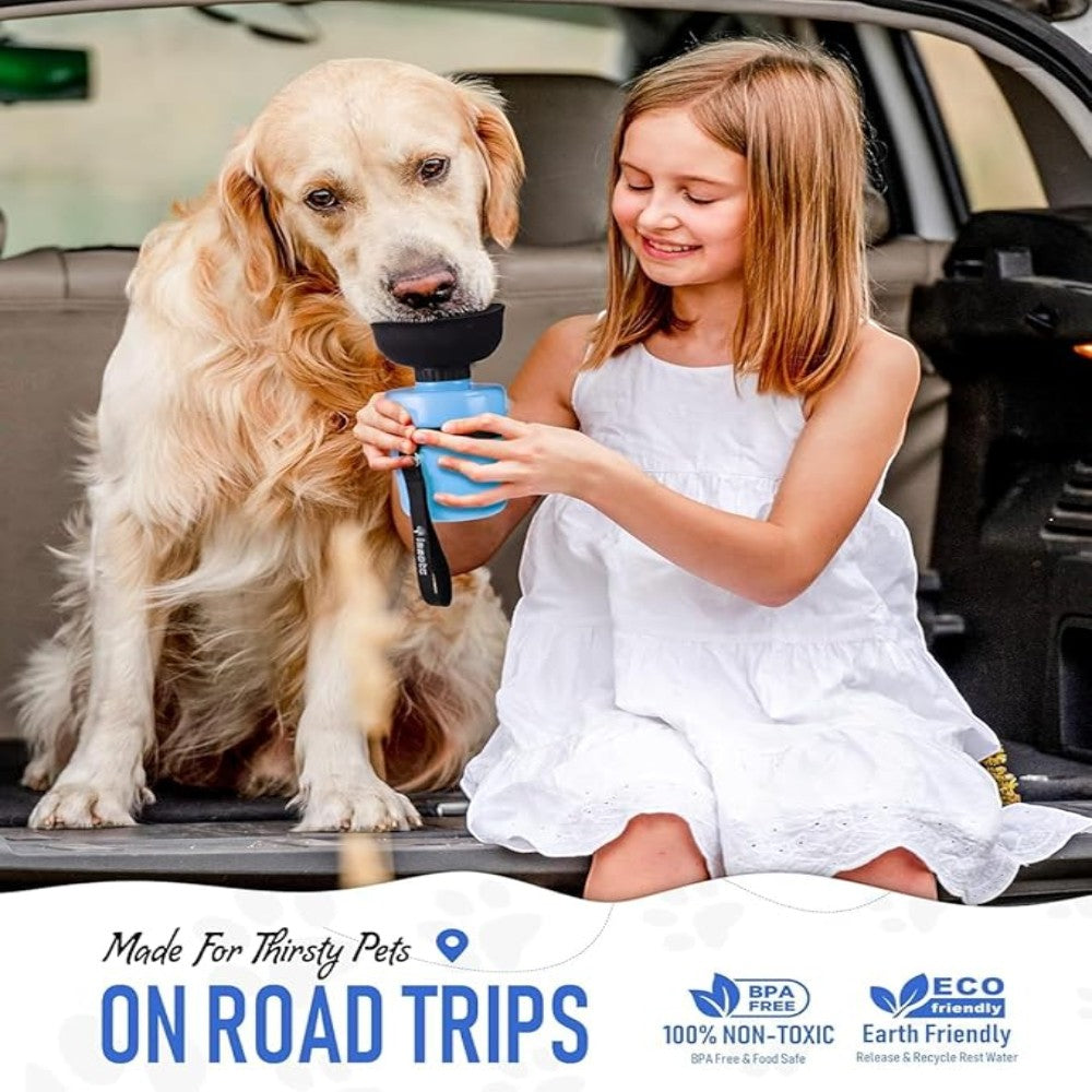 Girl and dog with a water bottle in a car, promoting pet-friendly travel products.