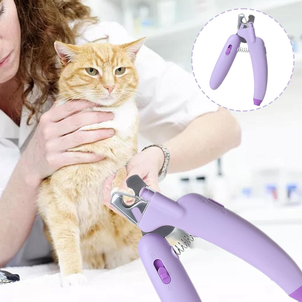 Person holding a cat with pet nail clippers and a close-up of the tool on a blurred background