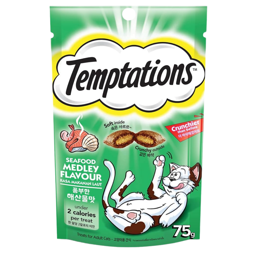 Temptations cat treat package with green background and cat illustration