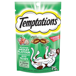 Temptations cat treat package with green background and cat illustration