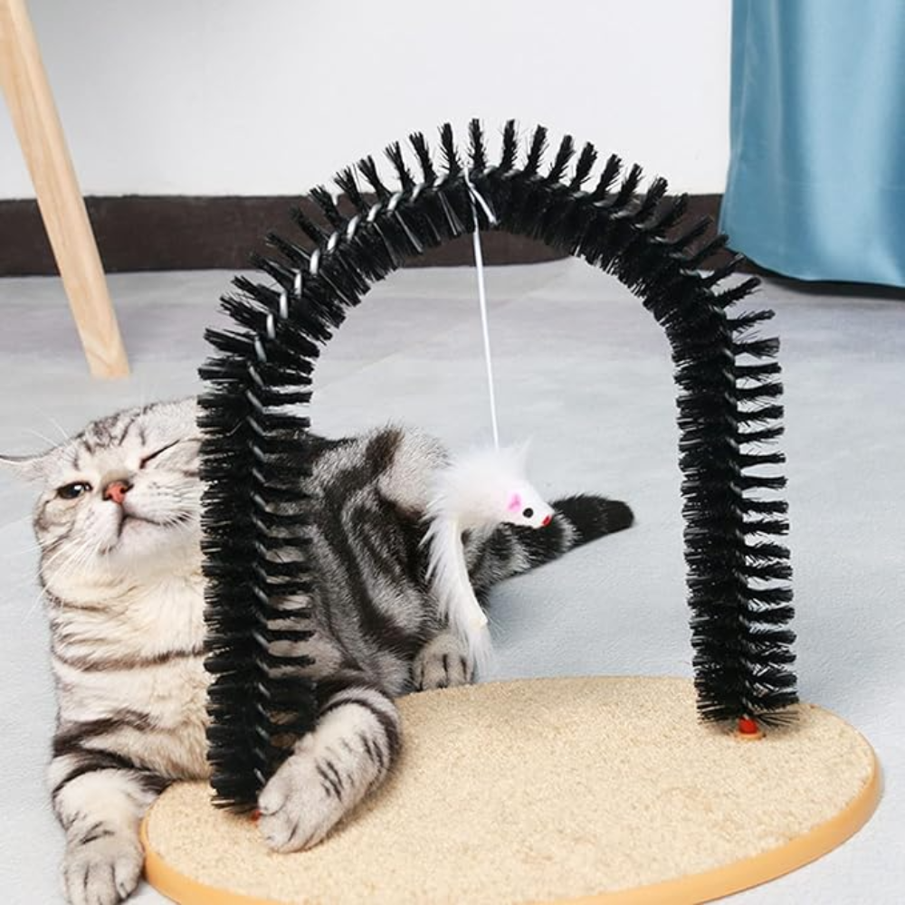 Cat playing with a black arch-shaped pet toy with a dangling white mouse on a light gray floor.