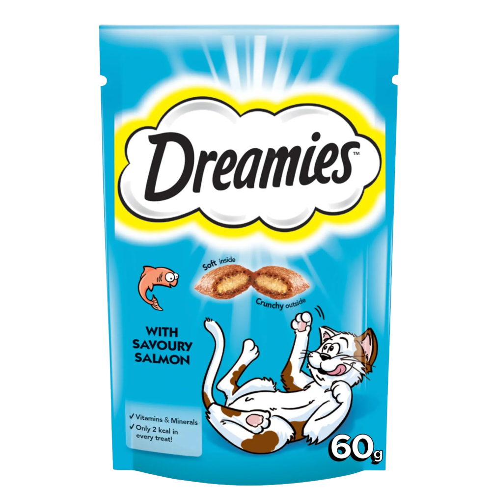 Dreamies cat treat package with a blue background and cat illustration.