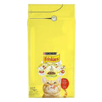 Yellow bag of Purina Friskies cat food with a cat's face on the packaging.