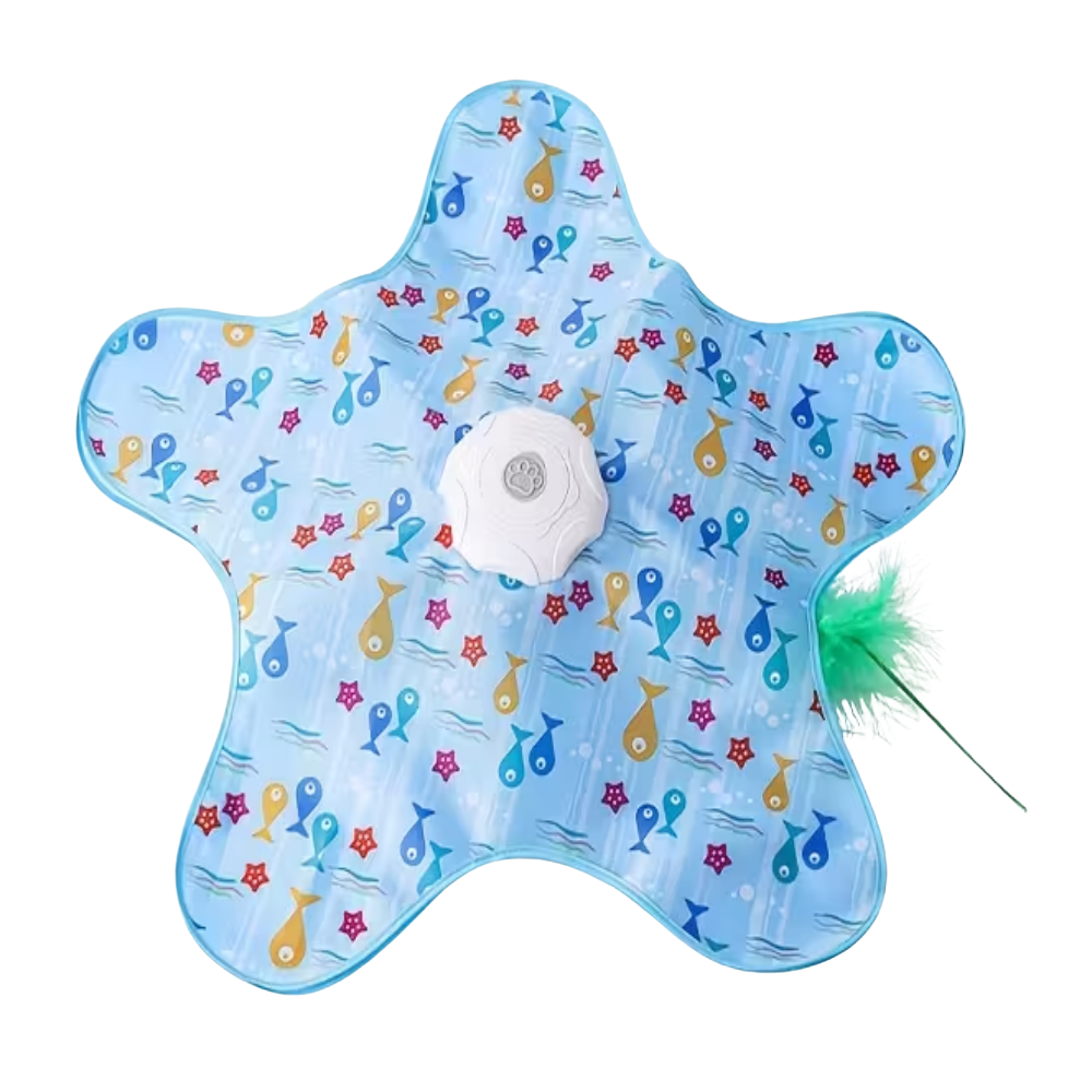 Star-shaped cat toy with colorful patterns and a feather on a white background