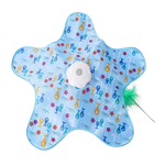 Star-shaped cat toy with colorful patterns and a feather on a white background