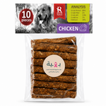 A package of 10 chicken bone-shaped dog treats, shown in a clear plastic bag with a printed header card. The header card features a black-and-white photo of a dog, nutritional analysis text, and the brand name 'R Lique'.