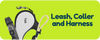 Retractable dog leash, collar, and harness on a green background with text.