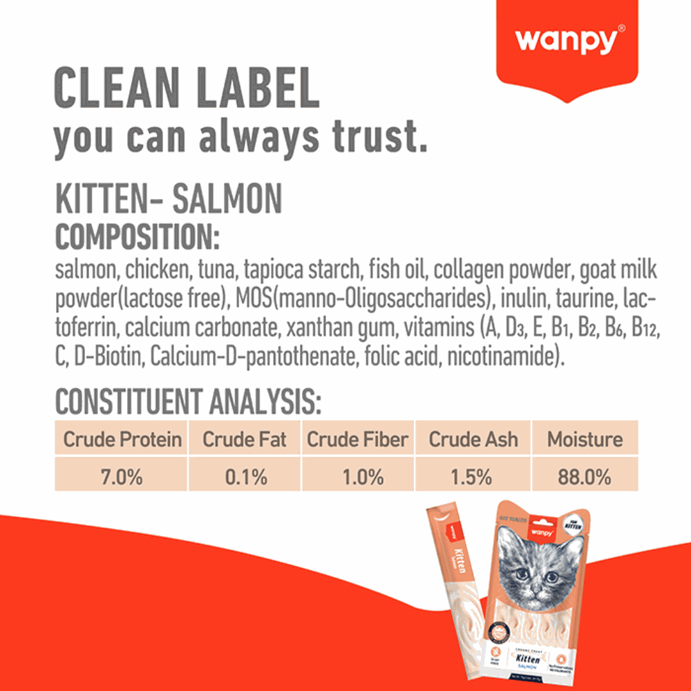 Wanpy kitten salmon food label with ingredients and analysis on a red background