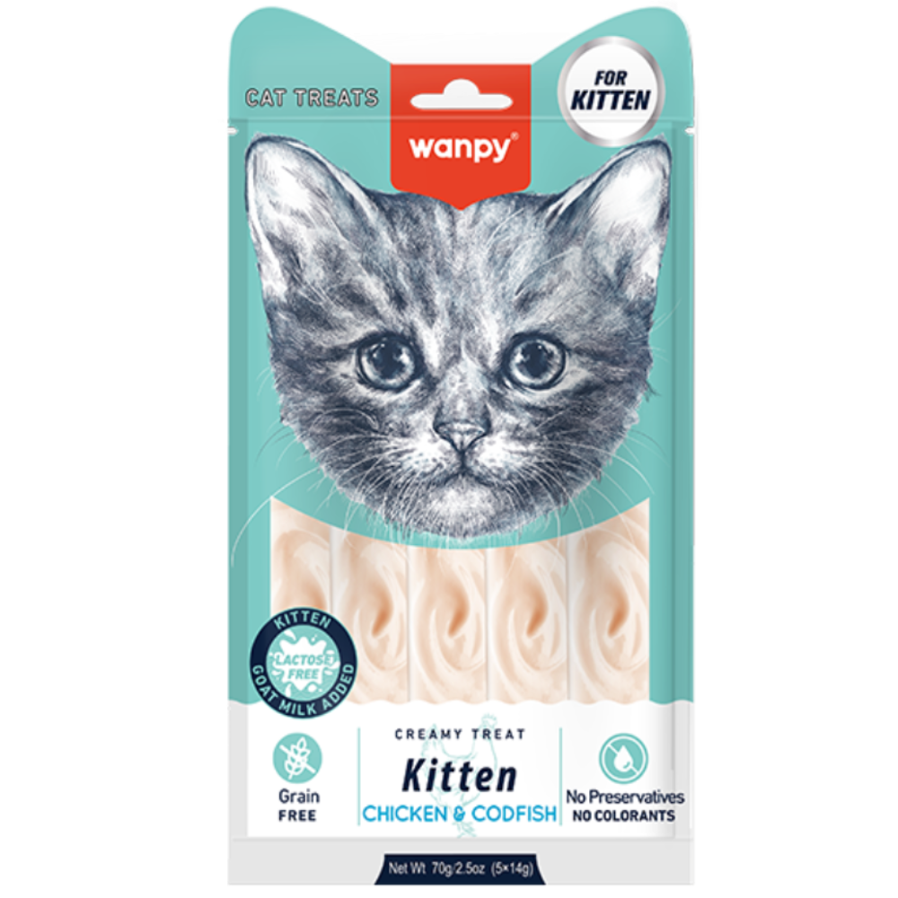 Cat treat package for kittens with a kitten illustration on the front.