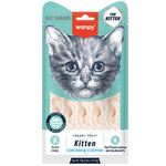 Cat treat package for kittens with a kitten illustration on the front.