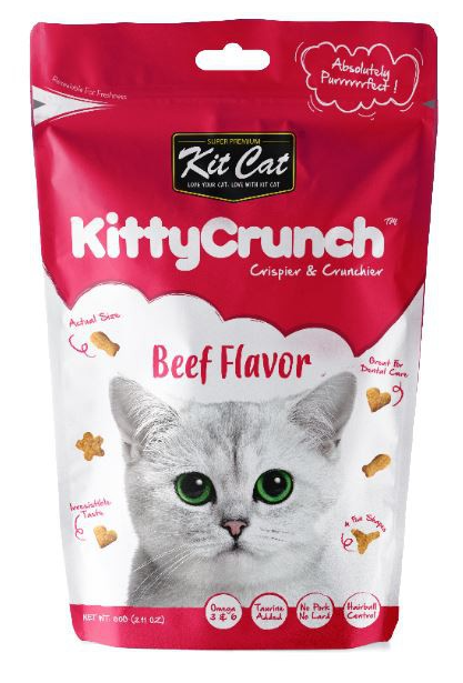 Kitty Crunch Beef Flavor cat food package with a cat on the front.