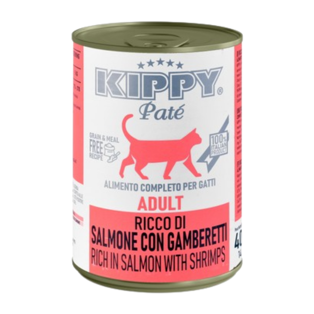 Kippy Pate can for adult cats with salmon and shrimps on a white background