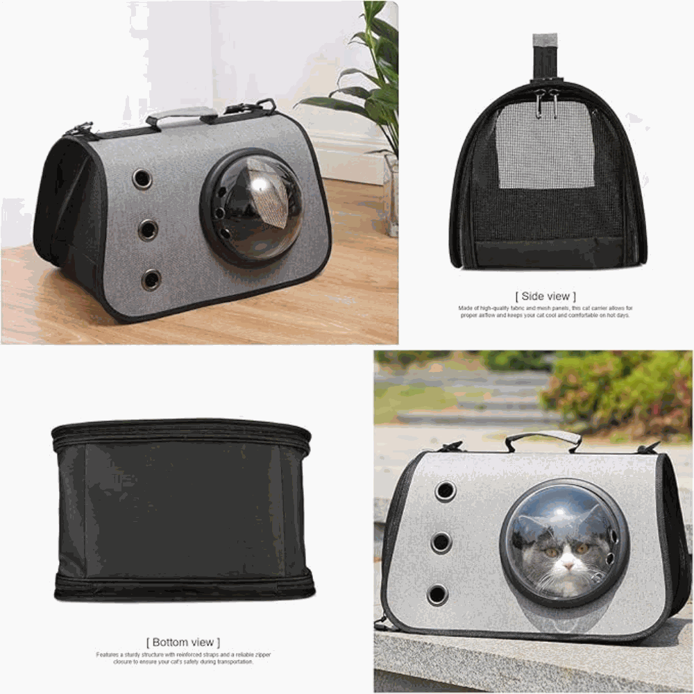Pet carrier with transparent sphere for visibility, shown from multiple angles.