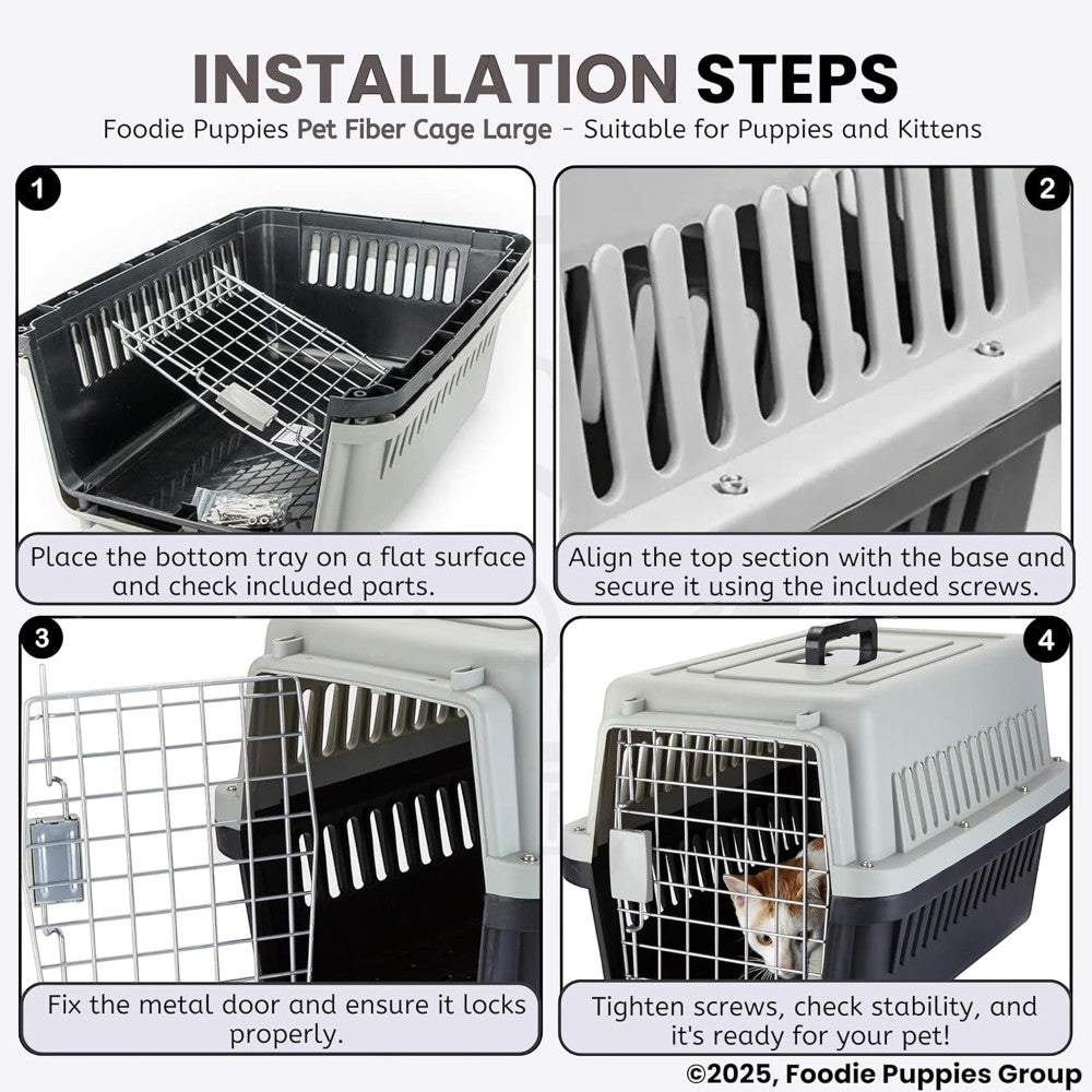 Step-by-step guide on how to assemble a pet fiber cage for puppies and kittens.