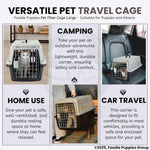 Versatile pet travel cage with usage scenarios for camping, home use, and car travel.