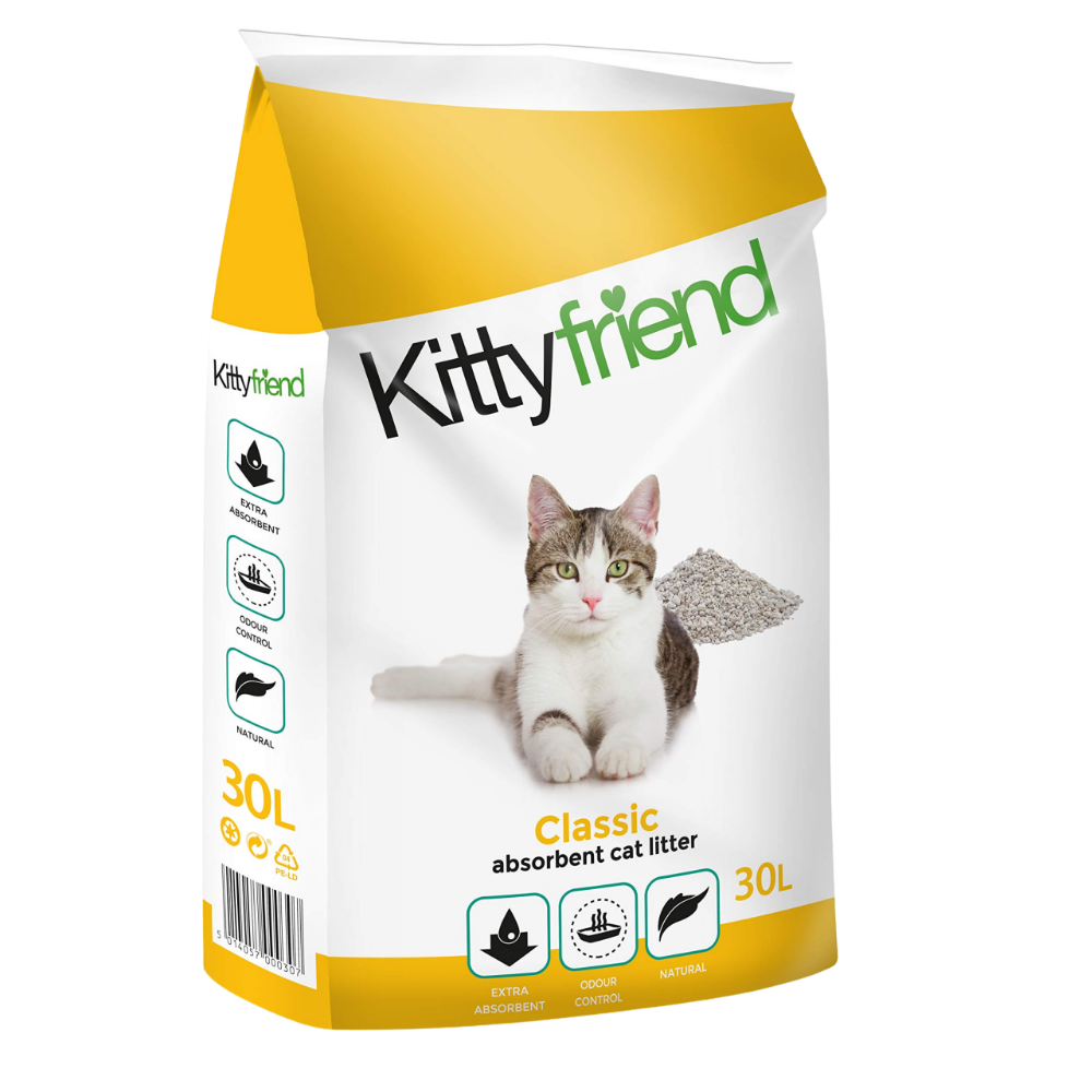 Kittyfriend cat litter packaging with a cat on the label