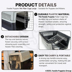 Product details of a Foodie Puppies pet fiber cage large suitable for puppies and kittens, including durable plastic material, detachable design, and easy carrying.