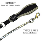 Dog leash with super soft padded handle and tangle-free swivel attachment on a white background