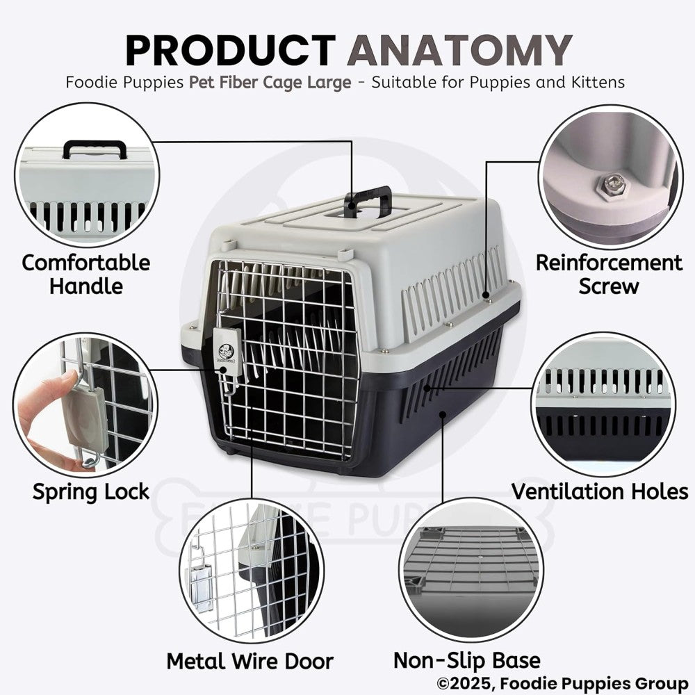 Pet fiber cage with labeled features on a white background