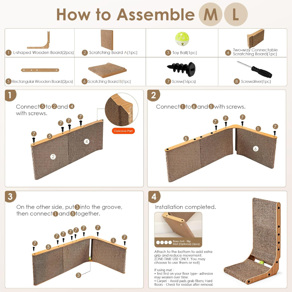Step-by-step assembly guide for a wooden product with screws and hardware.