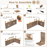 Step-by-step assembly guide for a wooden product with screws and hardware.