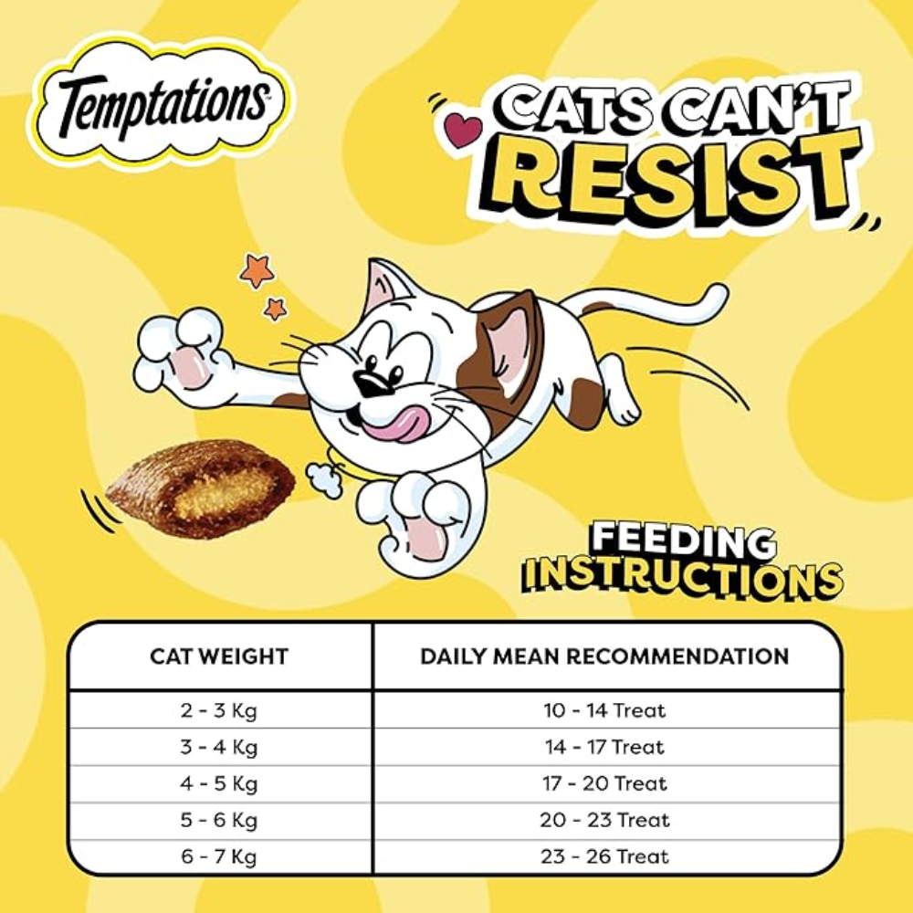 Temptations cat food packaging with a cartoon cat and feeding instructions on a yellow background
