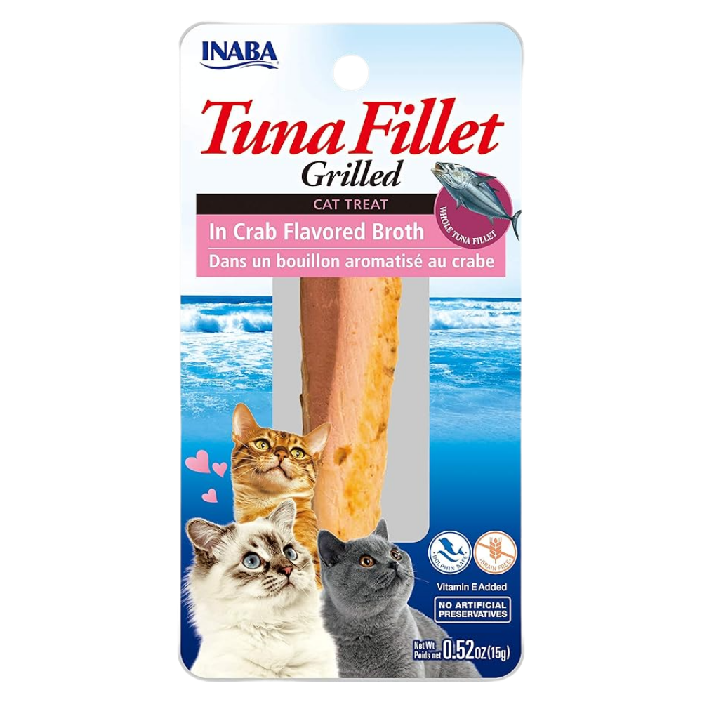 Inaba Tuna Fillet Grilled cat treat packaging with cats on a blue background