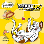 Dreamies Shakeups with Multivitamins cat food packaging featuring a cartoon cat and text on a yellow background.