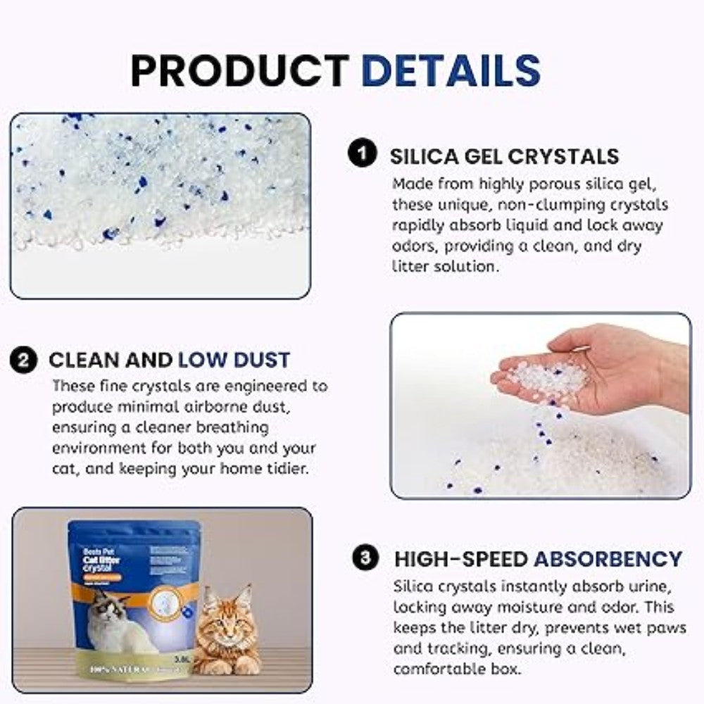 Product details of silica gel crystals for pet litter with images and text.
